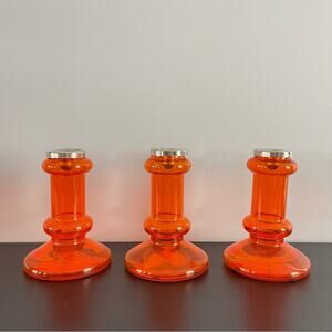 EQ3 | Bright Orange Glass Candlestick Candle Holders Funky MCM Taper Bubble 3pc
